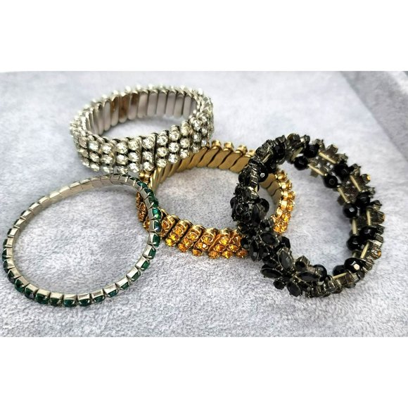 Rhinestone Beaded Stretch Bracelets Lot in Black Floral Silver Gold Green LI326 - Picture 2 of 8